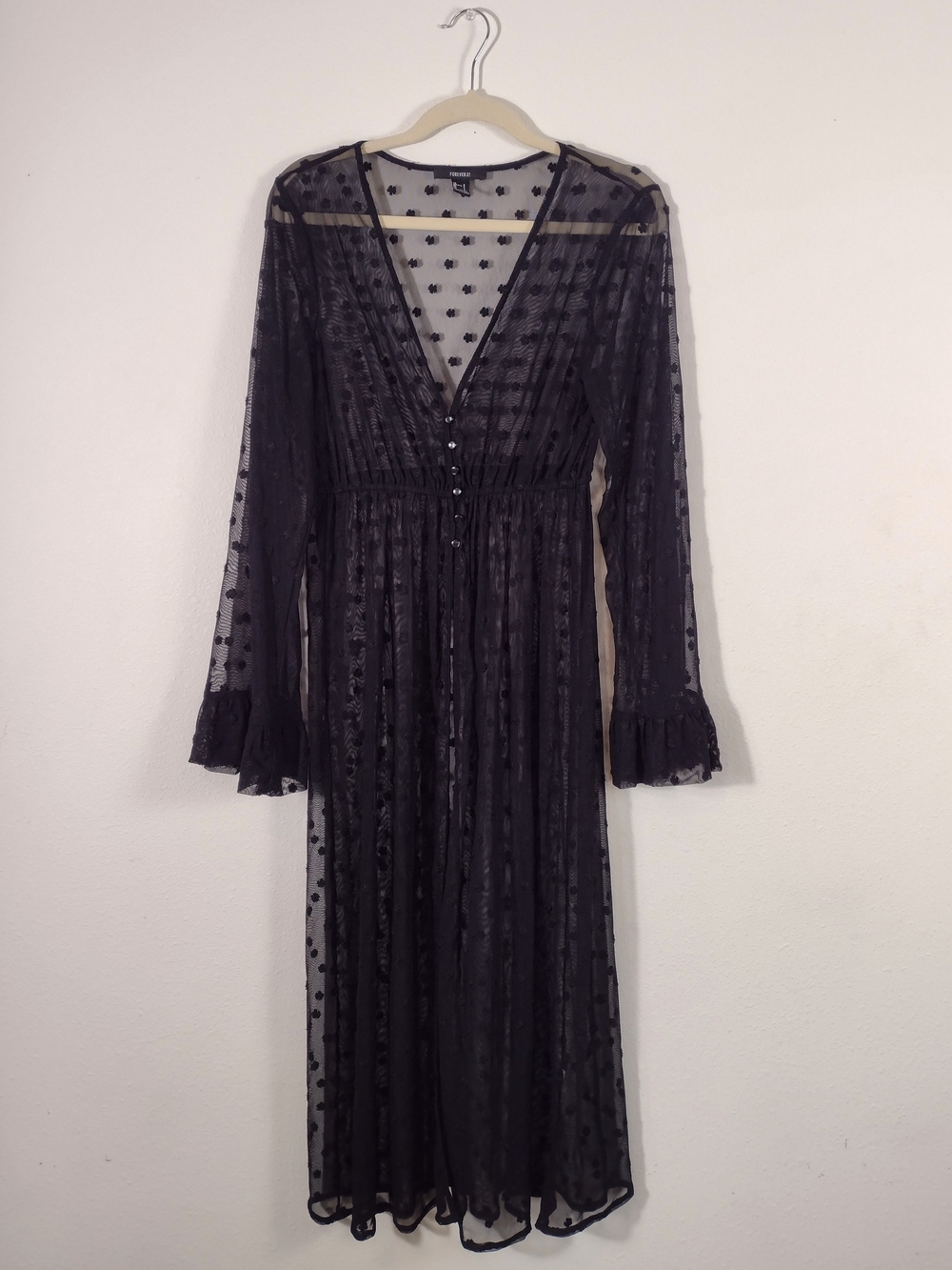 Forever 21 Sheer Mesh V-Neck Split Button Front Bell Sleeve Duster Black Size S